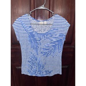 Chico's Women's Striped‎ Sleeveless Dolman Style Top Size 0/XS Blue Leaf Design
